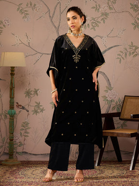 Black Velvet Embroidered Kaftan Kurta With Straight Pants -Shae by SASSAFRAS