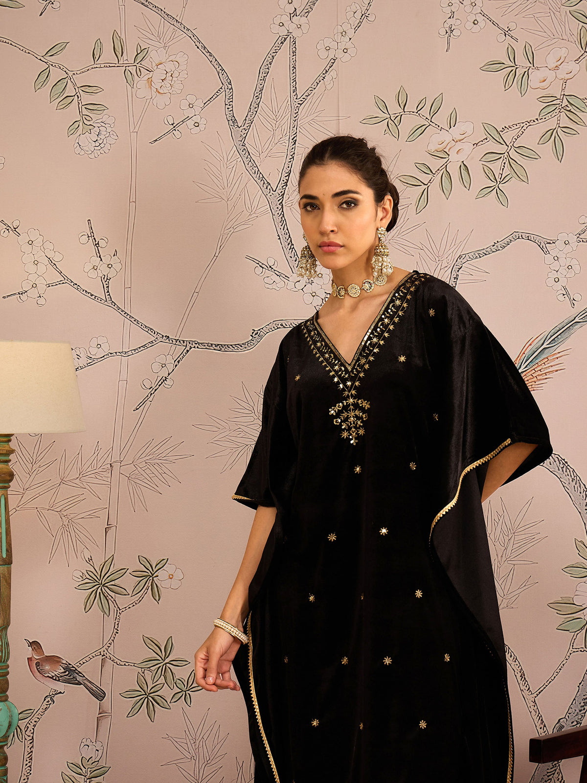 Black Velvet Embroidered Kaftan Kurta With Straight Pants -Shae by SASSAFRAS