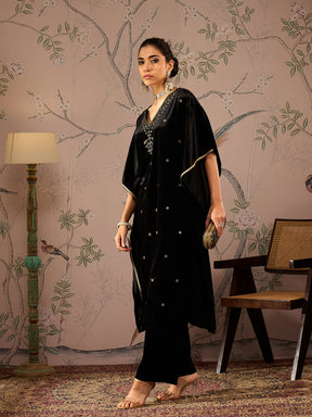 Black Velvet Embroidered Kaftan Kurta With Straight Pants -Shae by SASSAFRAS