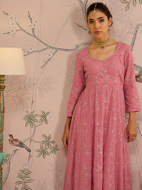 Pink Sequins Sweetheart Neck Anarkali Kurta -Shae by SASSAFRAS