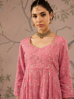 Pink Sequins Sweetheart Neck Anarkali Kurta -Shae by SASSAFRAS