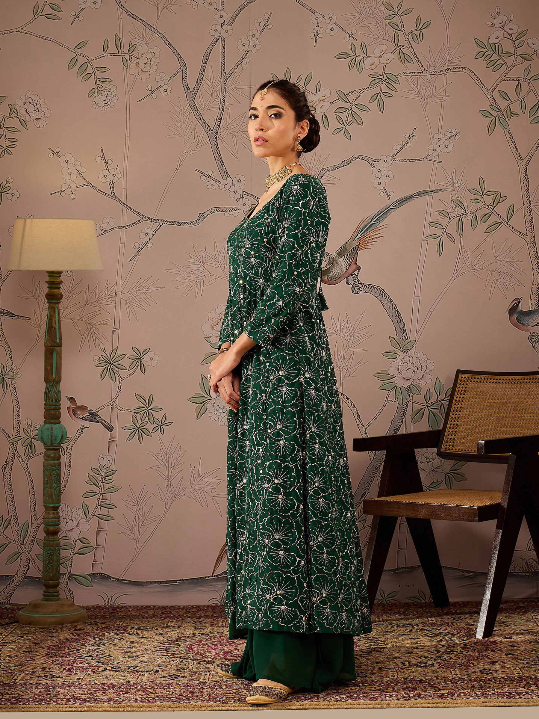 Emerald Green Sequins Sweetheart Neck Kurta-Shae by SASSAFRAS