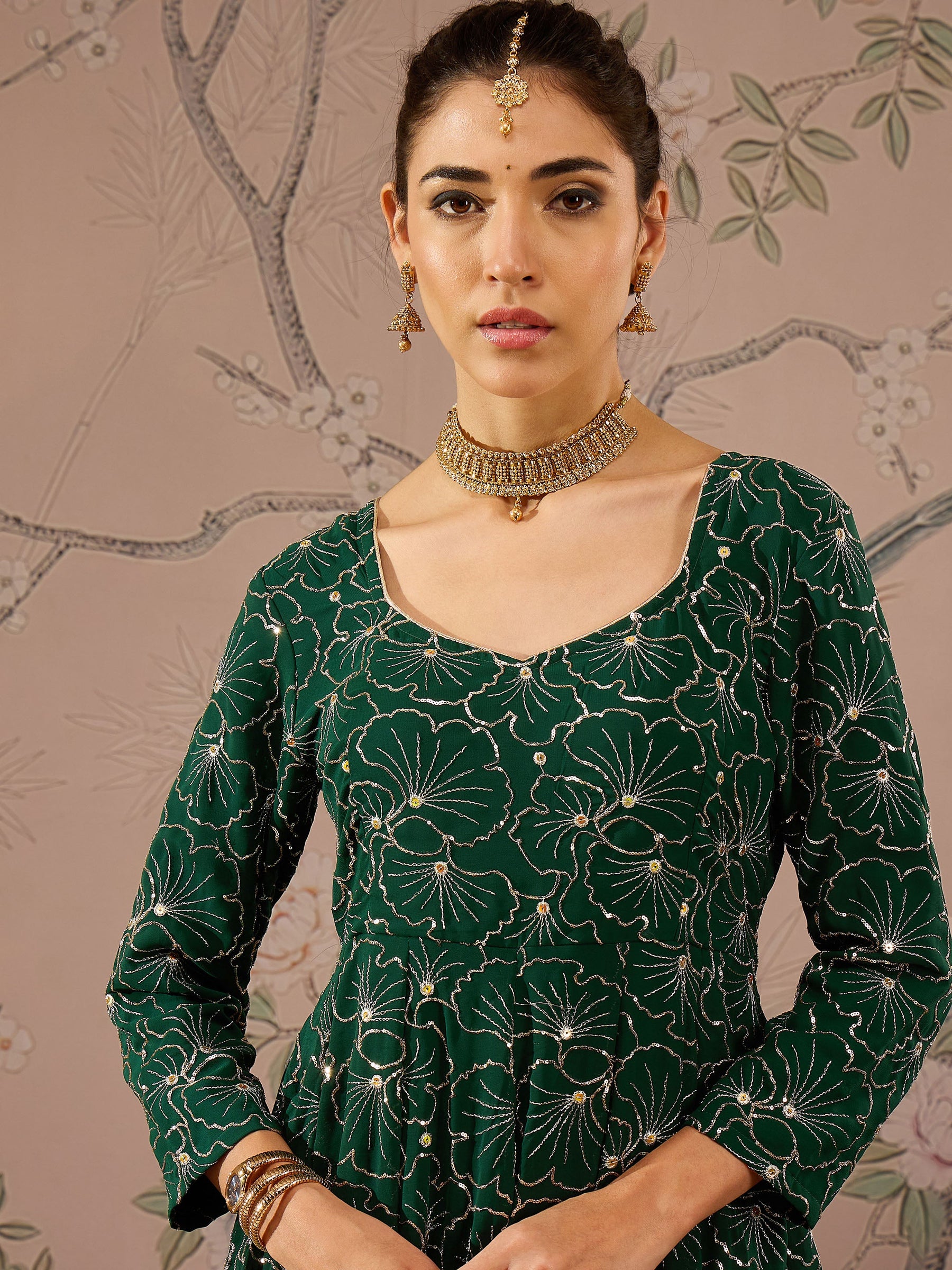 Emerald Green Sequins Sweetheart Neck Kurta-Shae by SASSAFRAS