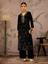 Black V Neck Embroidered Kurta With Straight Pants-Shae by SASSAFRAS