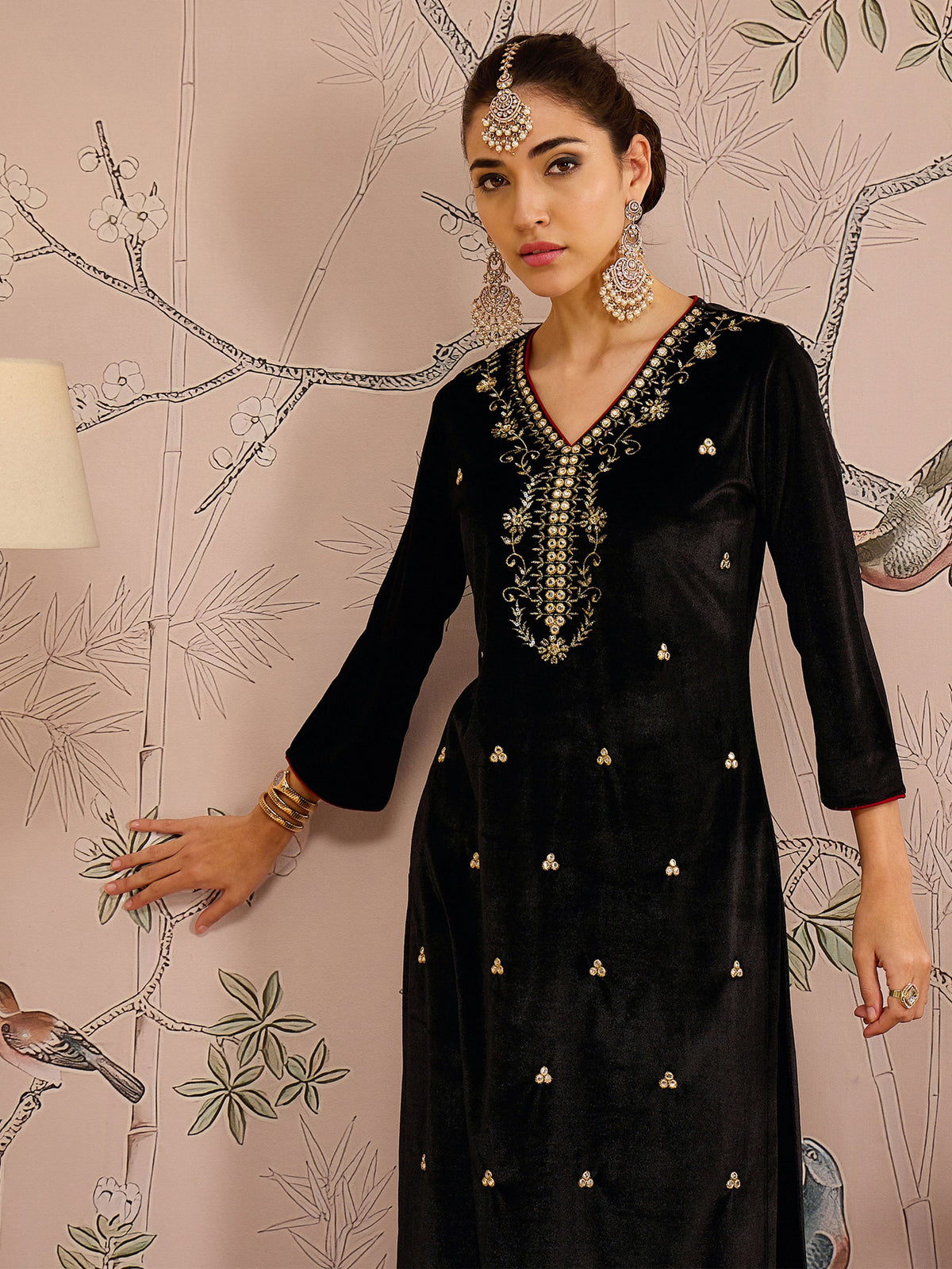 Black V Neck Embroidered Kurta With Straight Pants-Shae by SASSAFRAS