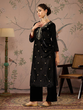 Black V Neck Embroidered Kurta With Straight Pants-Shae by SASSAFRAS