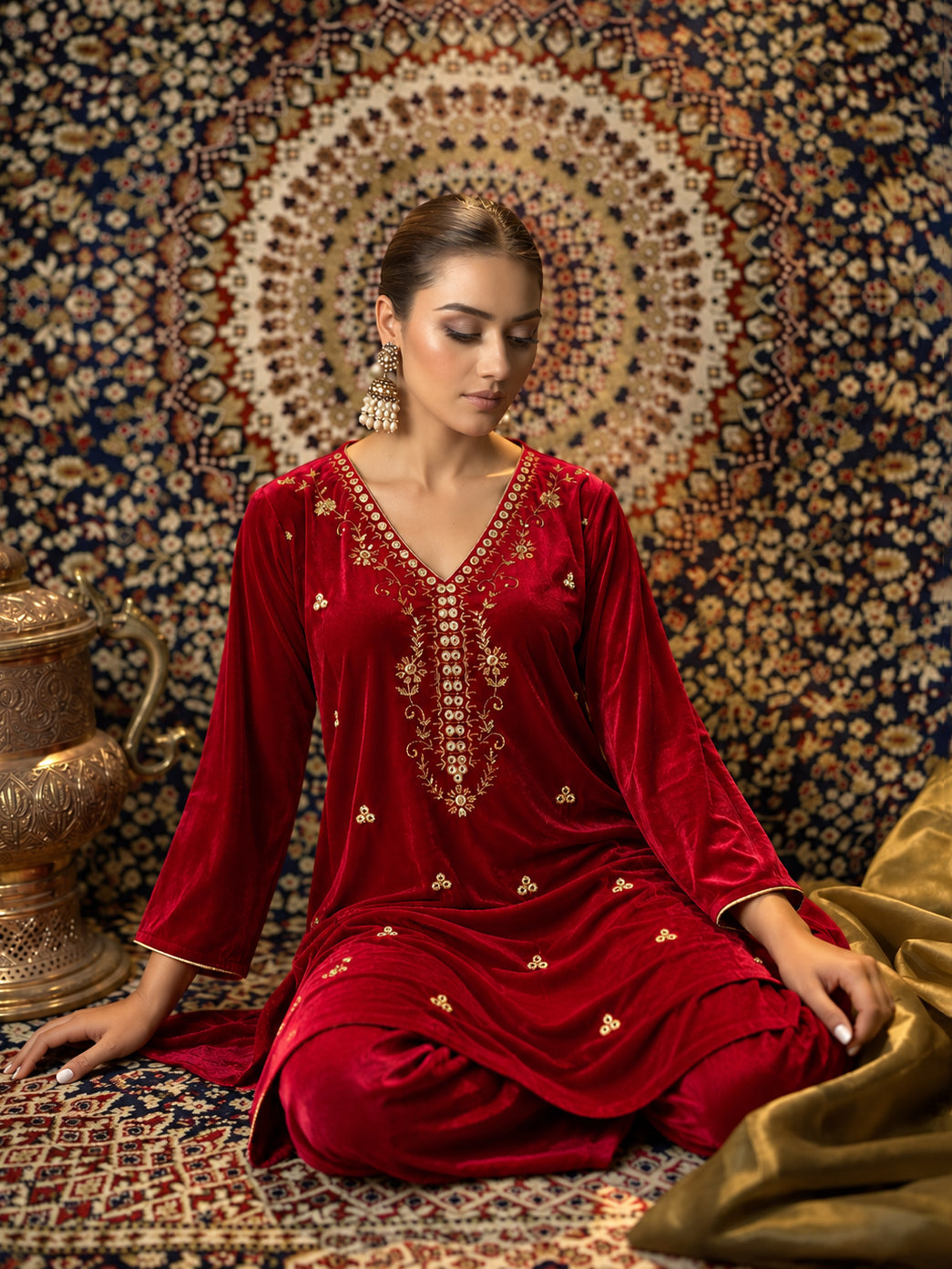 Women Red Velvet V-Neck Embroidered Straight Kurta