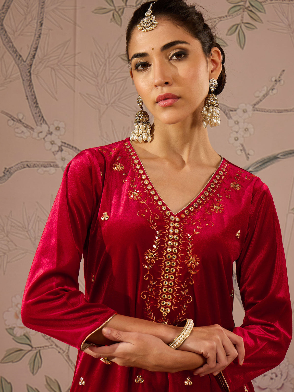 Red Velvet V-Neck Embroidered Straight Kurta -Shae by SASSAFRAS