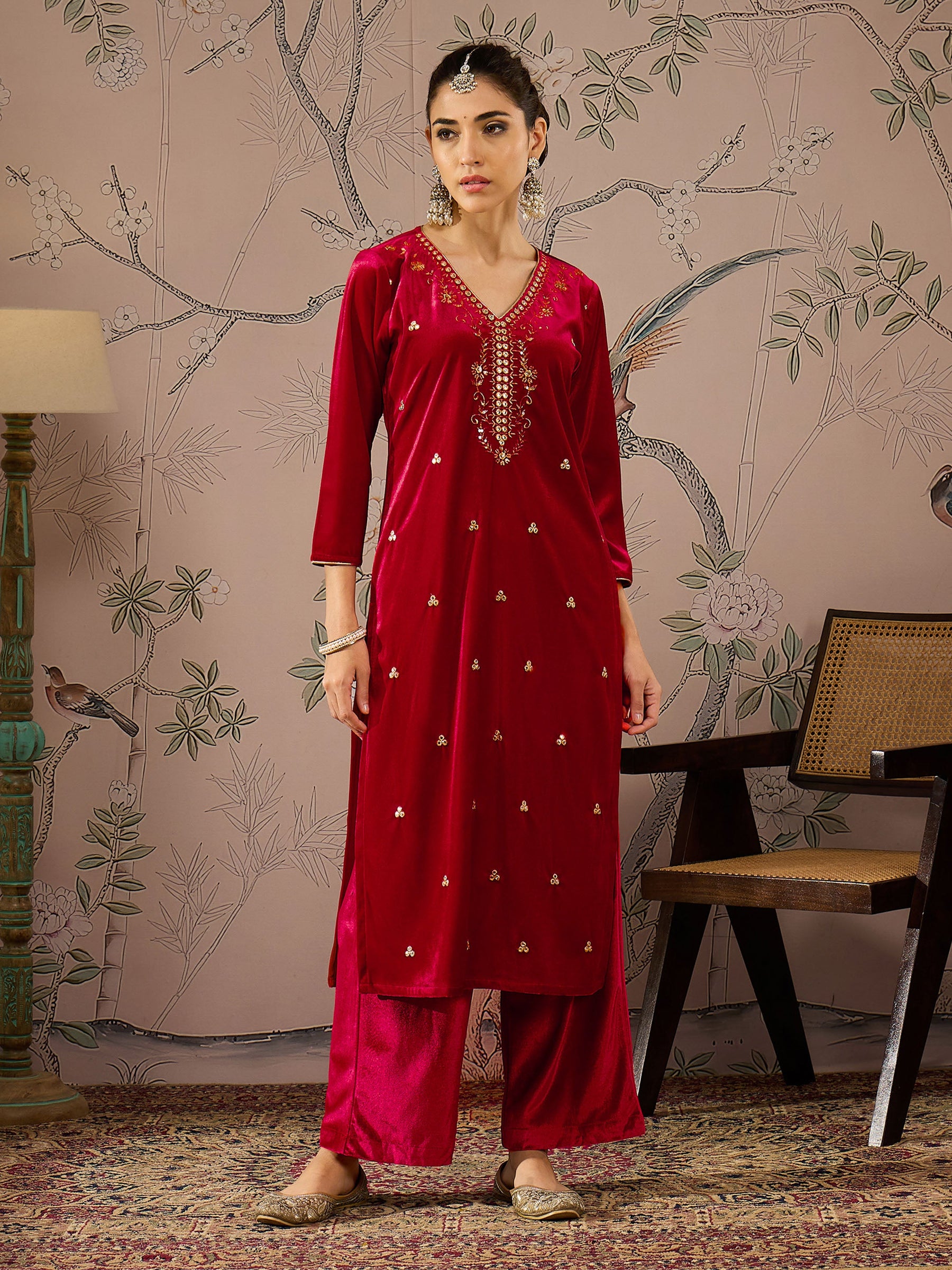 Red Velvet V-Neck Embroidered Straight Kurta -Shae by SASSAFRAS