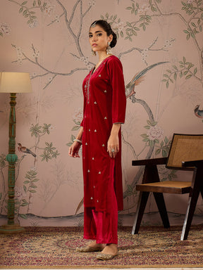 Red Velvet V-Neck Embroidered Straight Kurta -Shae by SASSAFRAS