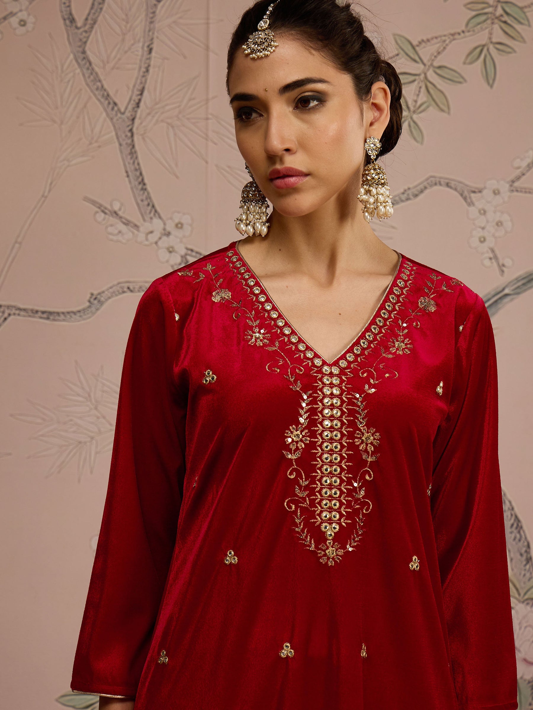 Red Velvet V-Neck Embroidered Straight Kurta -Shae by SASSAFRAS