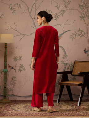 Red Velvet V-Neck Embroidered Straight Kurta -Shae by SASSAFRAS