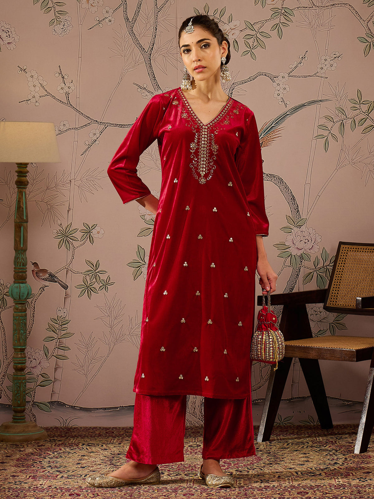 Red Velvet V Neck Embroidered Kurta With Straight Pants-Shae by SASSAFRAS