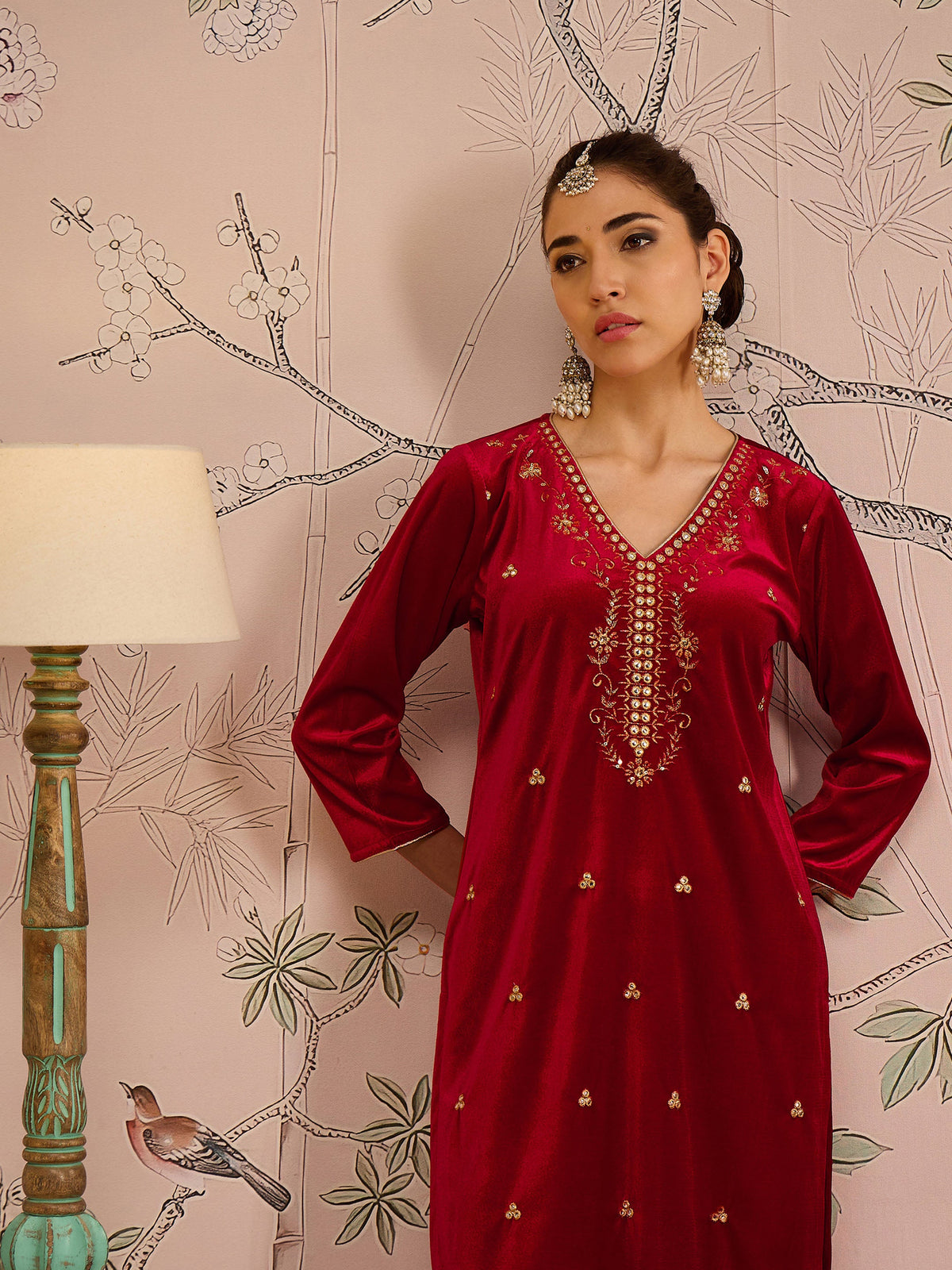 Red Velvet V Neck Embroidered Kurta With Straight Pants-Shae by SASSAFRAS