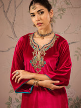 Red Velvet Embroidered Straight Kurta -Shae by SASSAFRAS