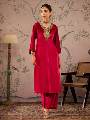 Red Velvet Embroidered Straight Kurta -Shae by SASSAFRAS