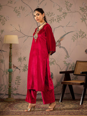 Red Velvet Embroidered Straight Kurta -Shae by SASSAFRAS