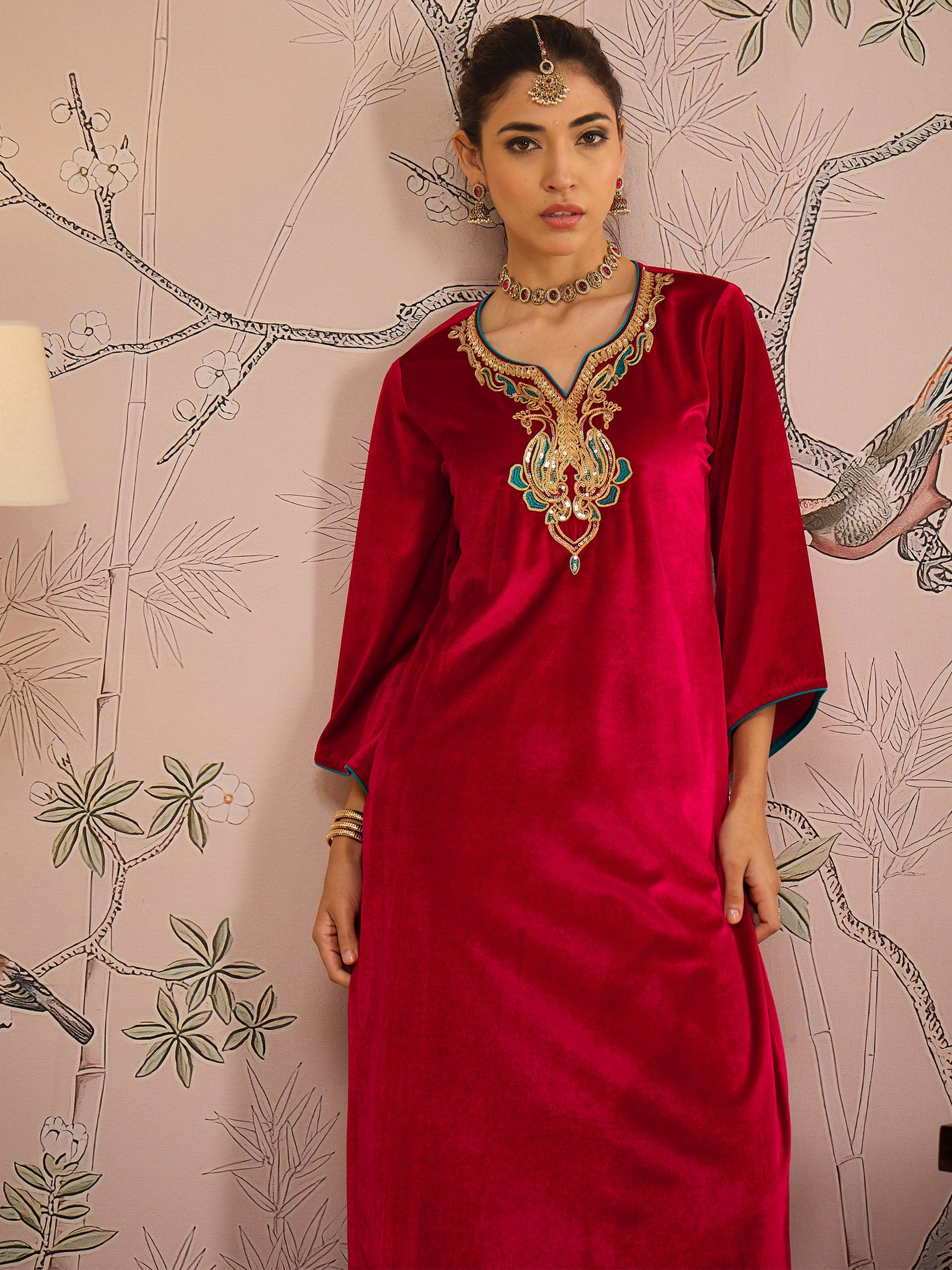 Red Velvet Embroidered Straight Kurta -Shae by SASSAFRAS