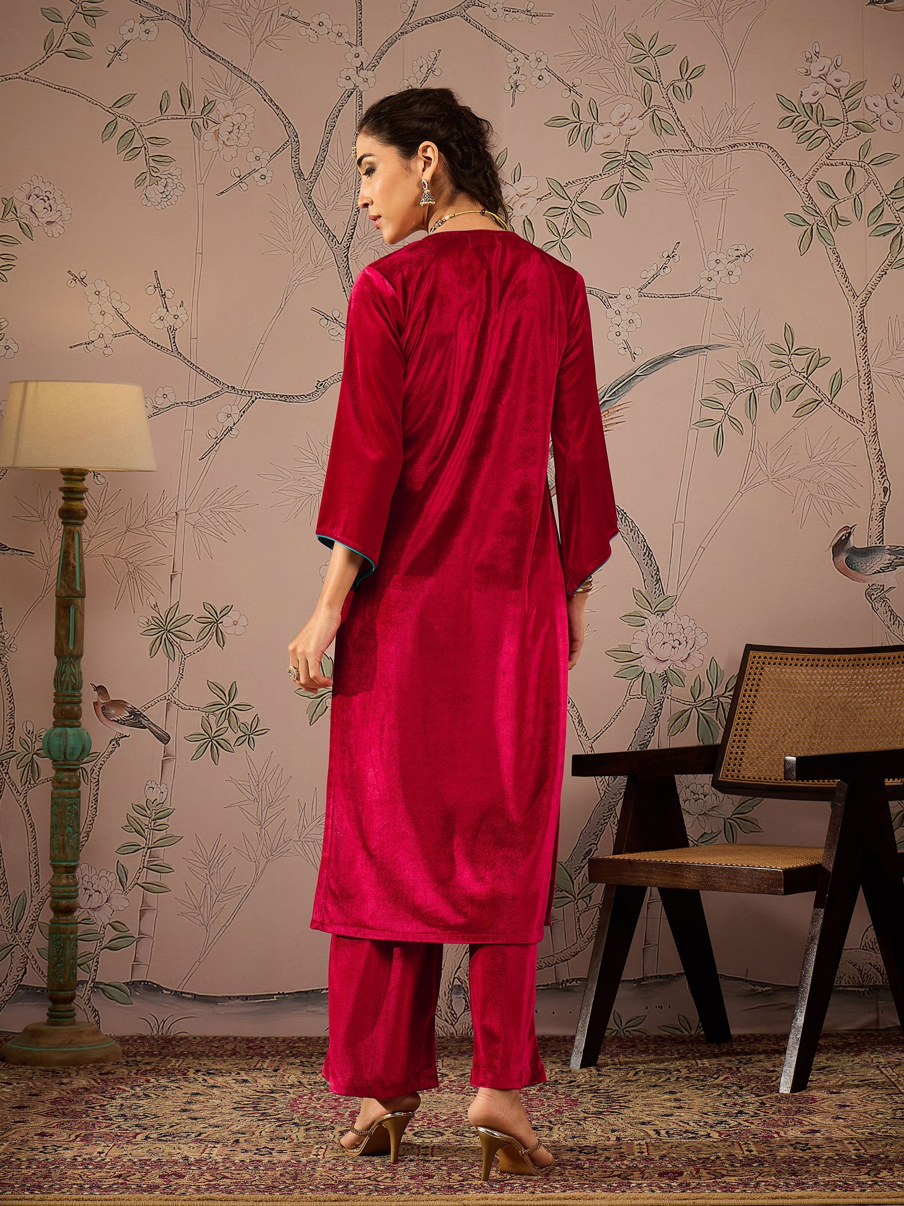 Red Velvet Embroidered Straight Kurta -Shae by SASSAFRAS