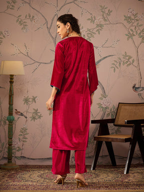 Red Velvet Embroidered Straight Kurta -Shae by SASSAFRAS