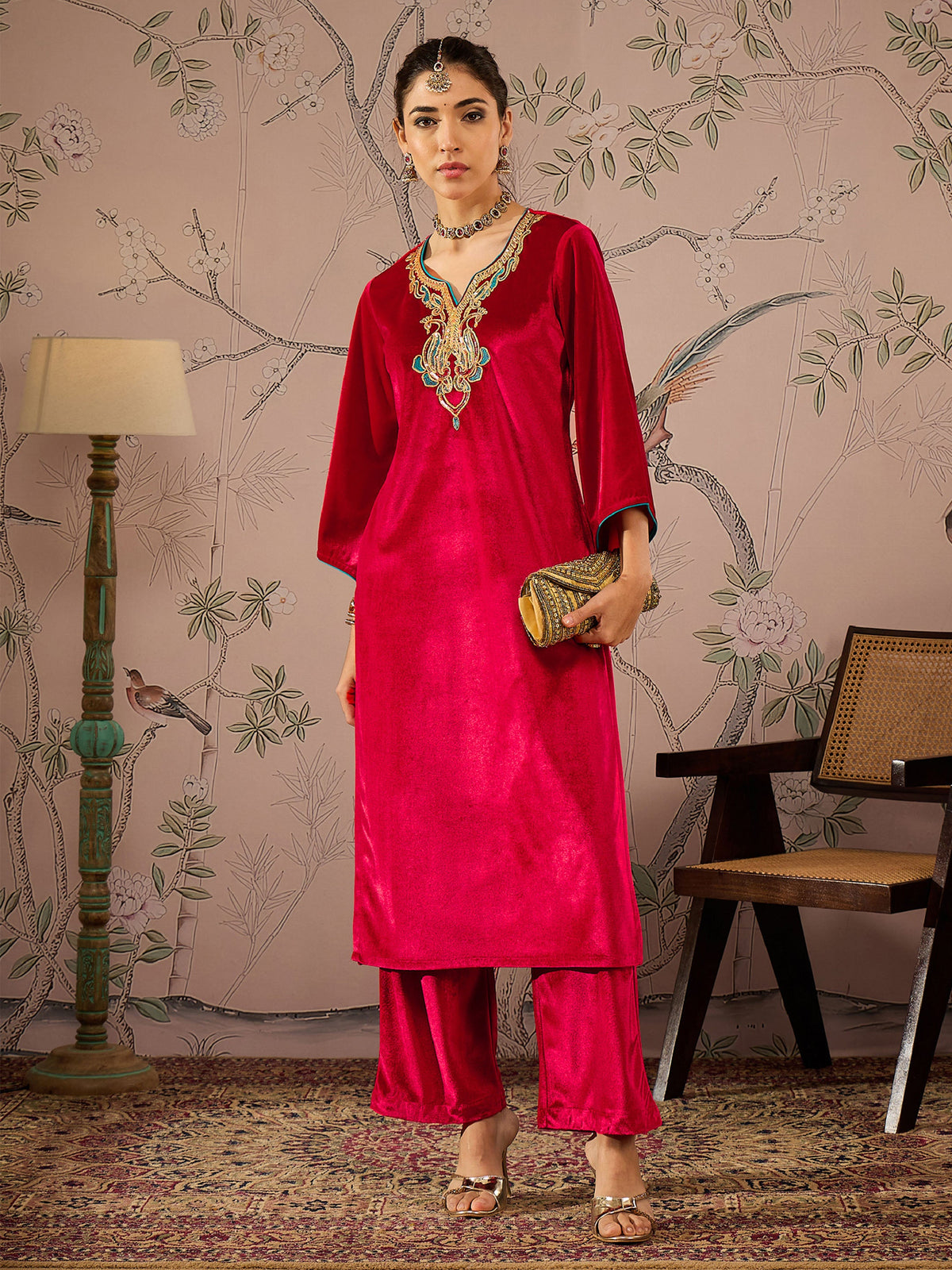 Red Velvet Embroidered Straight Kurta With Straight Pants-Shae by SASSAFRAS