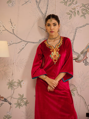 Red Velvet Embroidered Straight Kurta With Straight Pants-Shae by SASSAFRAS