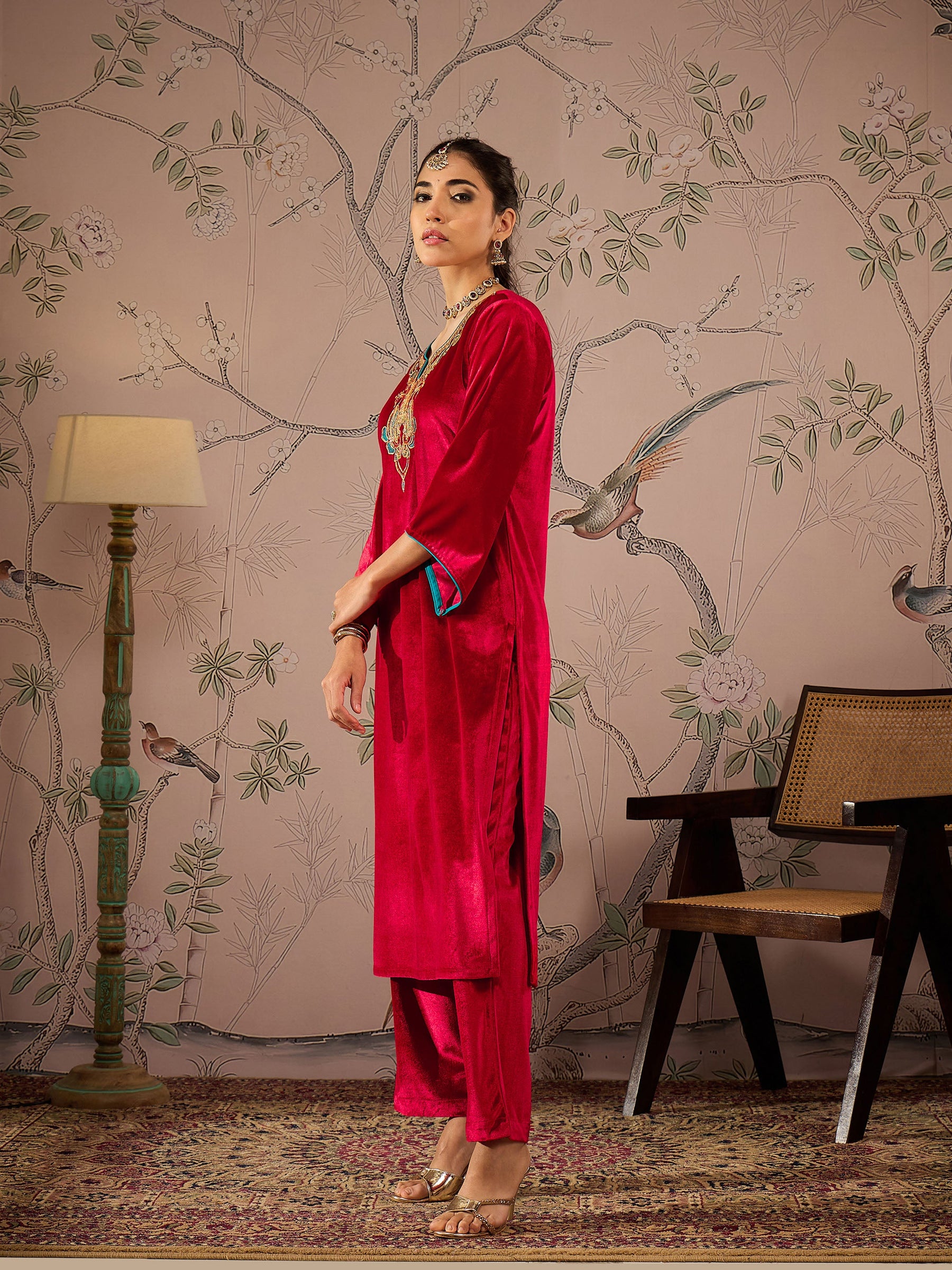 Red Velvet Embroidered Straight Kurta With Straight Pants-Shae by SASSAFRAS