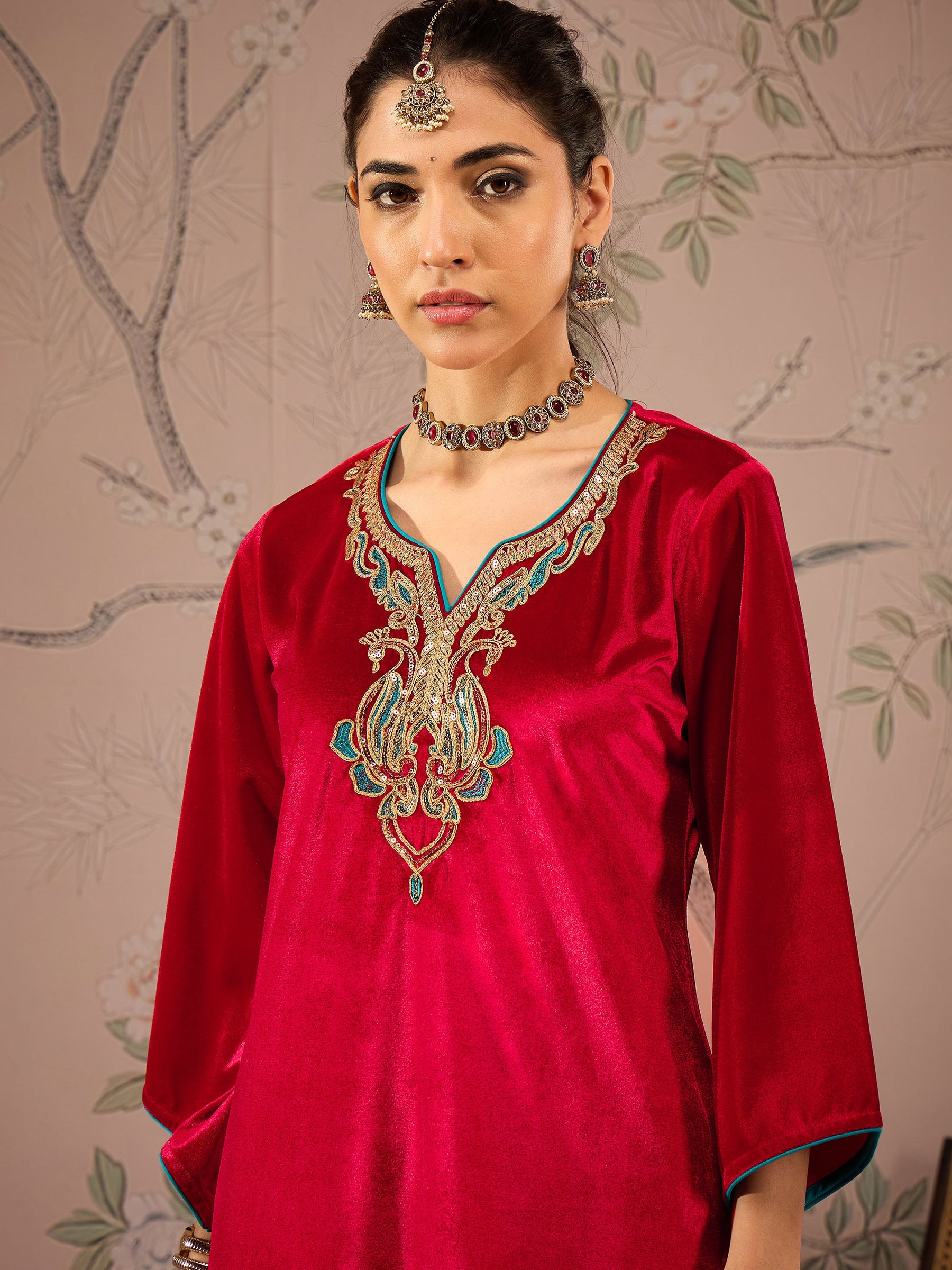 Red Velvet Embroidered Straight Kurta With Straight Pants-Shae by SASSAFRAS