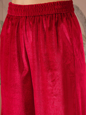 Red Velvet Embroidered Straight Kurta With Straight Pants-Shae by SASSAFRAS