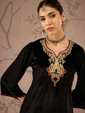 Black Velvet Embroidered Straight Kurta -Shae by SASSAFRAS