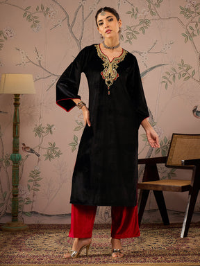 Black Velvet Embroidered Straight Kurta -Shae by SASSAFRAS