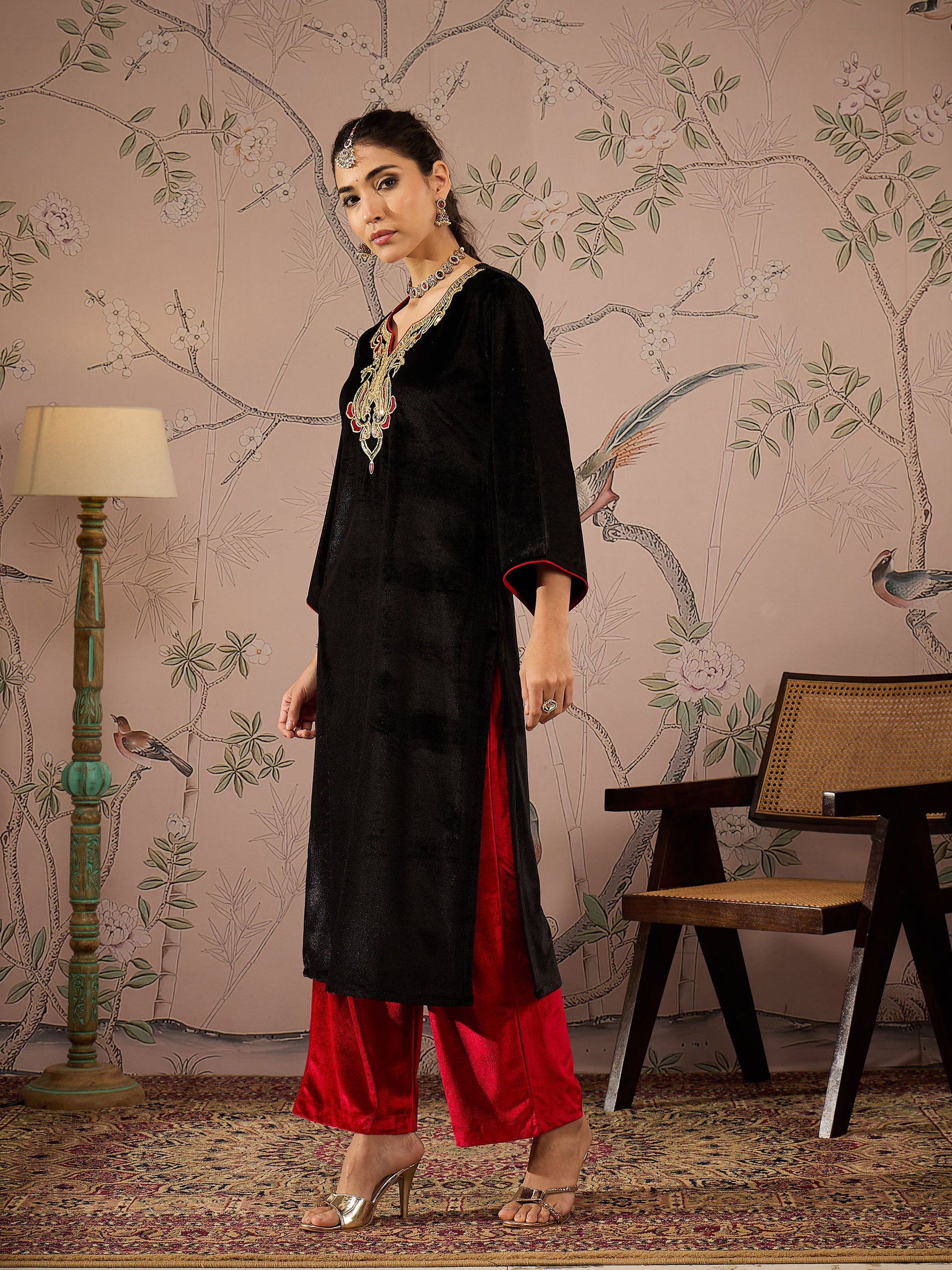 Black Velvet Embroidered Straight Kurta -Shae by SASSAFRAS