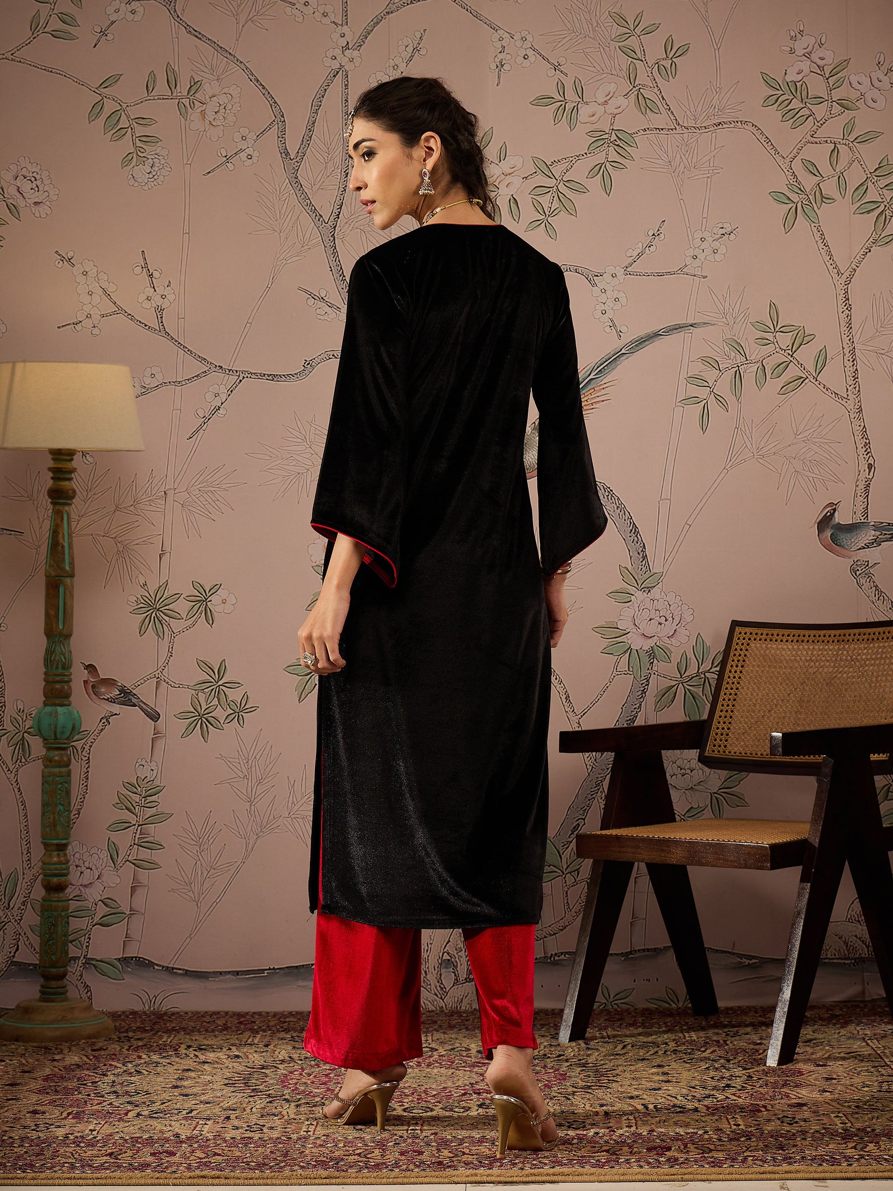 Black Velvet Embroidered Straight Kurta -Shae by SASSAFRAS