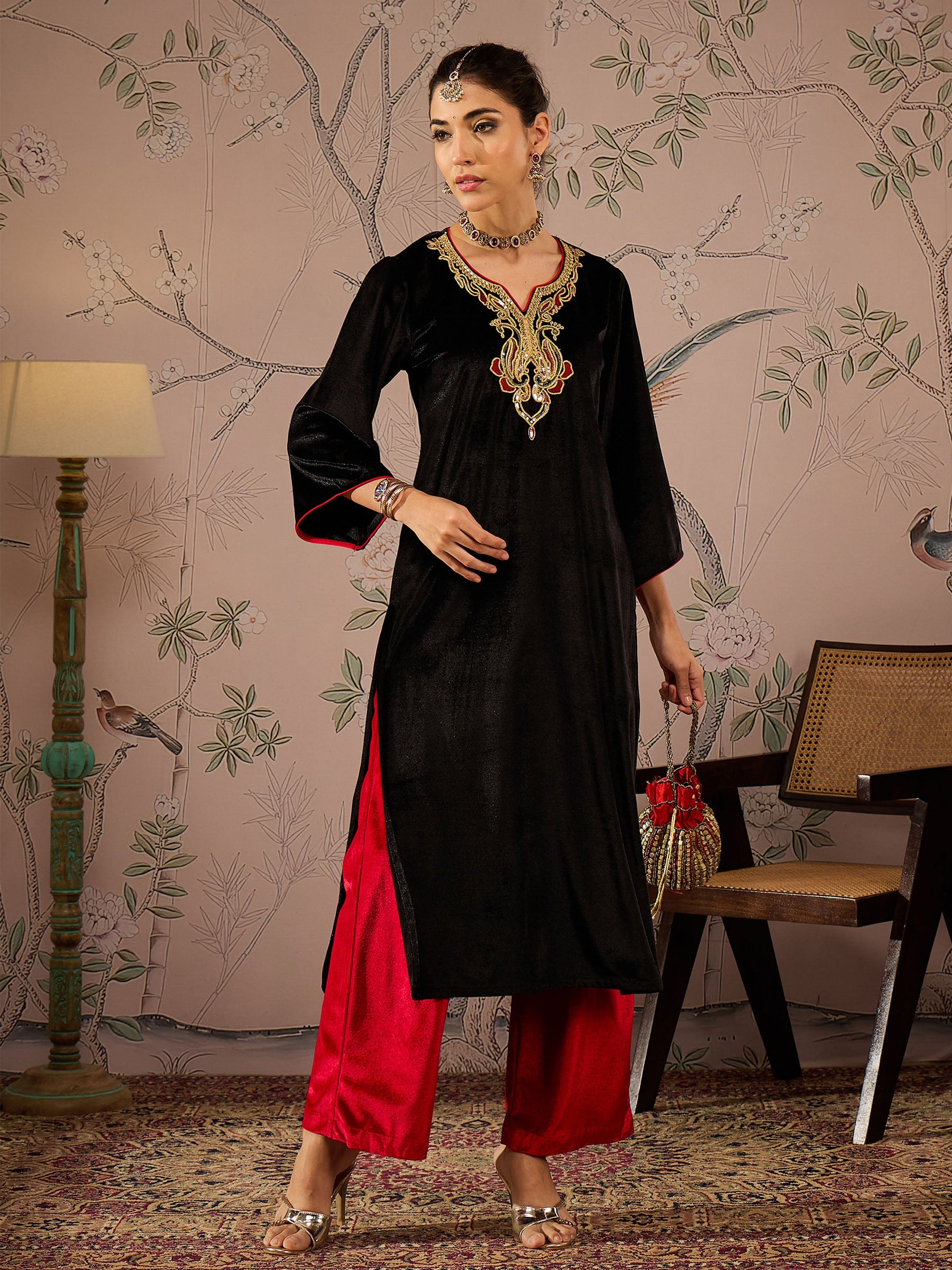 Black Velvet Embroidered Straight Kurta -Shae by SASSAFRAS