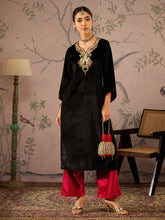 Black Velvet Embroidered Straight Kurta With Red Straight Pants -Shae by SASSAFRAS