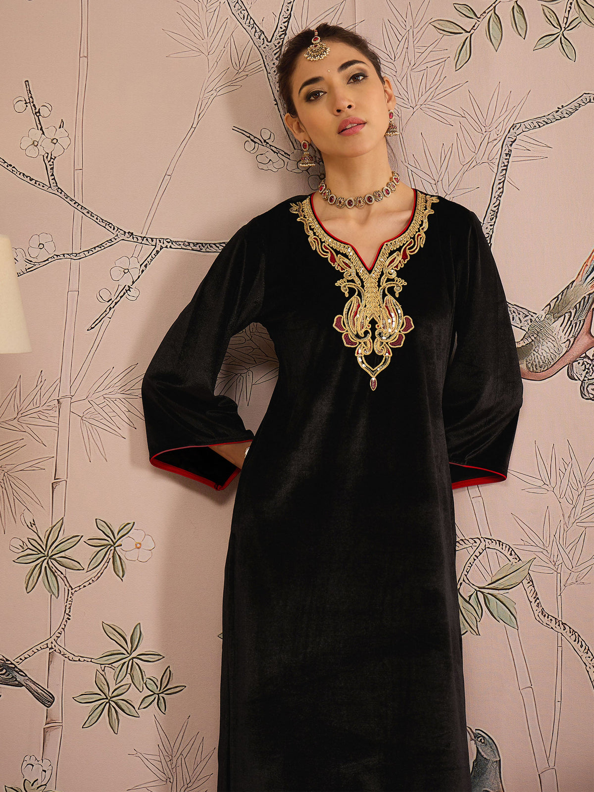 Black Velvet Embroidered Straight Kurta With Red Straight Pants -Shae by SASSAFRAS