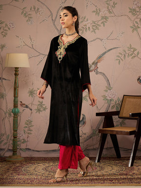 Black Velvet Embroidered Straight Kurta With Red Straight Pants -Shae by SASSAFRAS