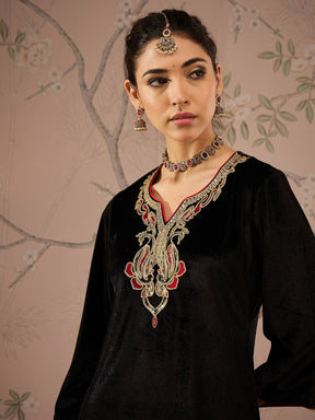 Black Velvet Embroidered Straight Kurta With Red Straight Pants -Shae by SASSAFRAS