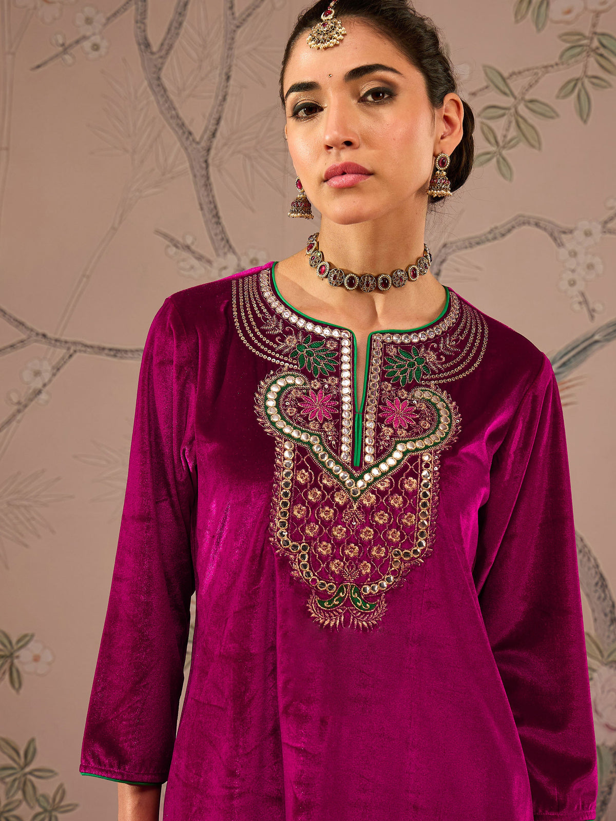 Fuchsia Velvet Front Embroidered Straight Kurta -Shae by SASSAFRAS