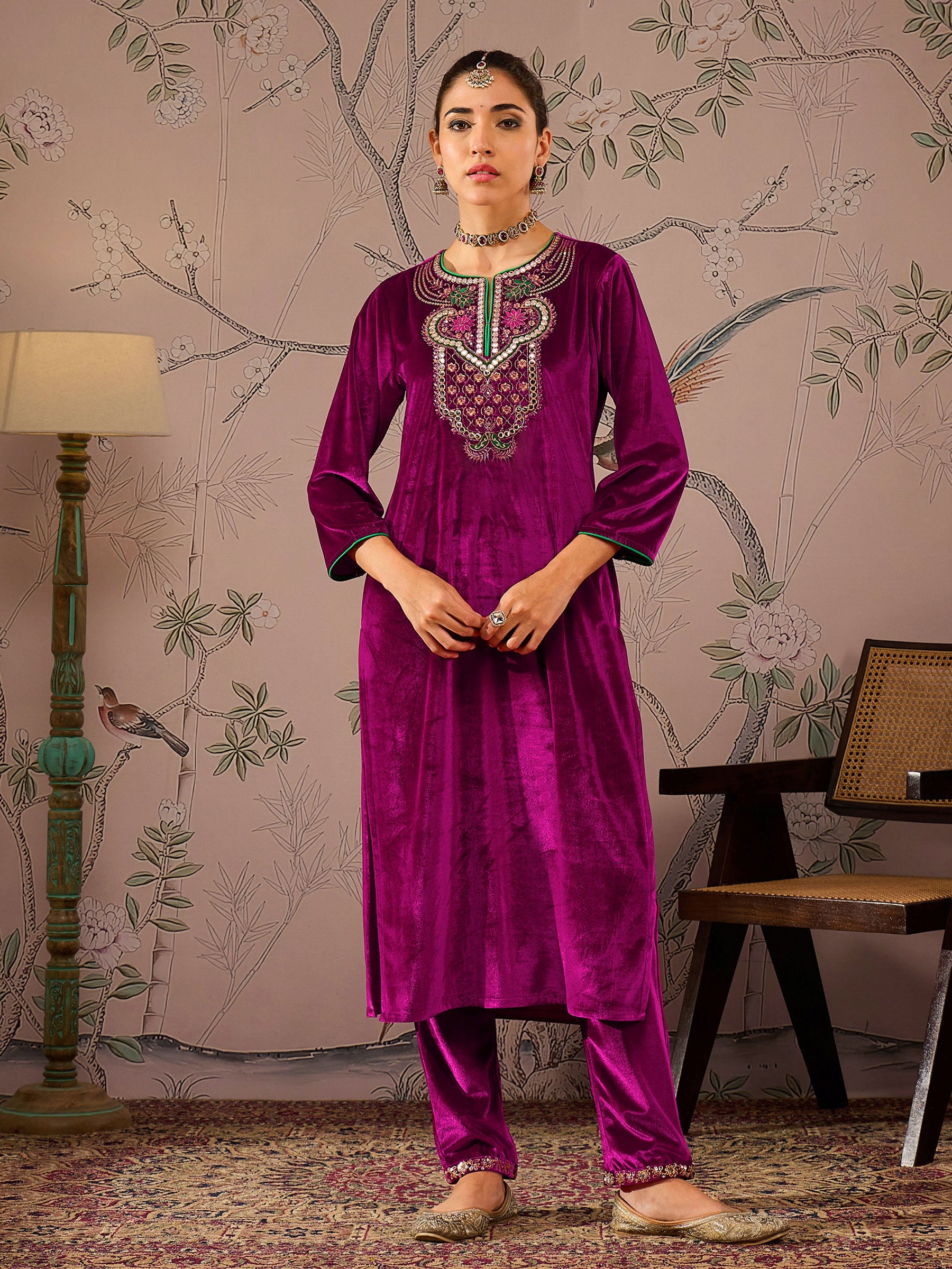 Fuchsia Velvet Front Embroidered Straight Kurta -Shae by SASSAFRAS