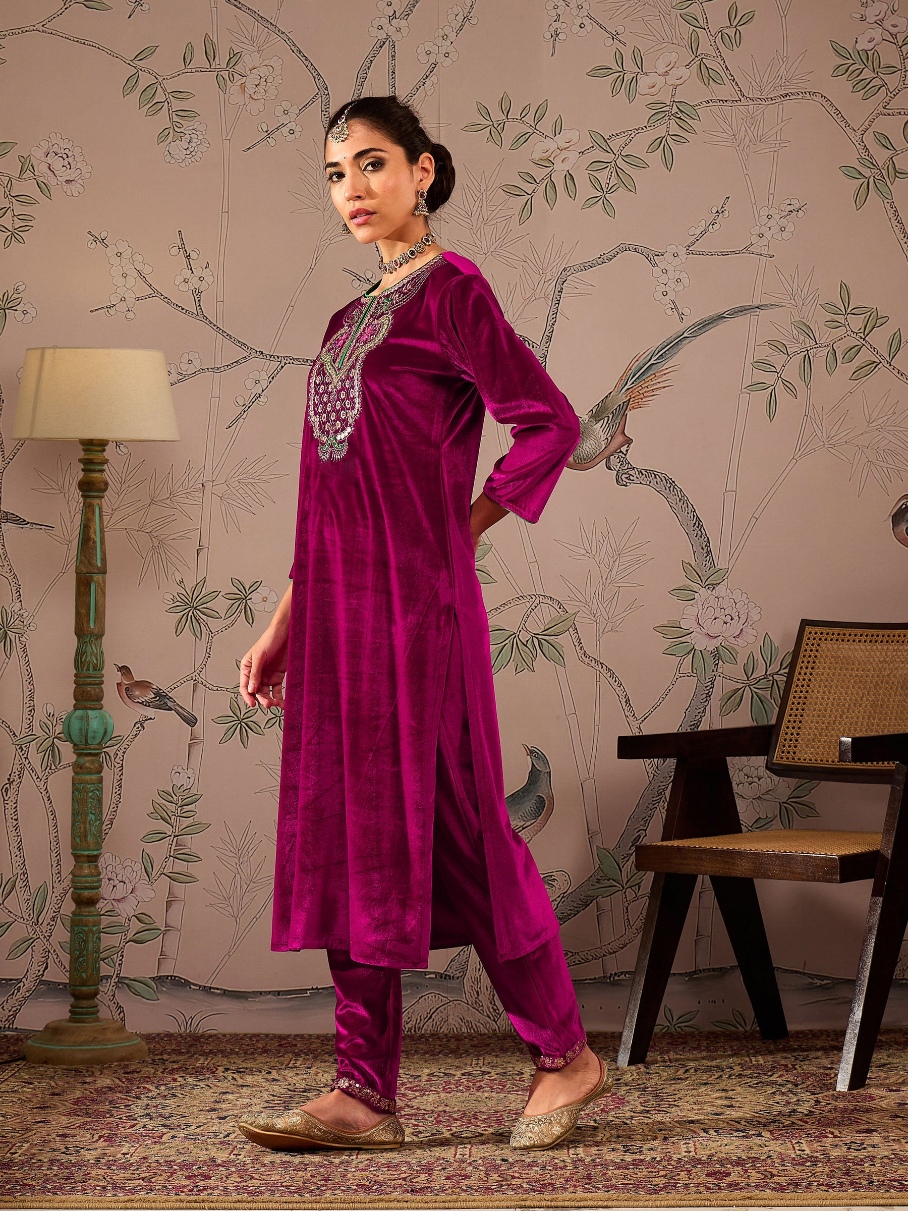 Fuchsia Velvet Front Embroidered Straight Kurta -Shae by SASSAFRAS