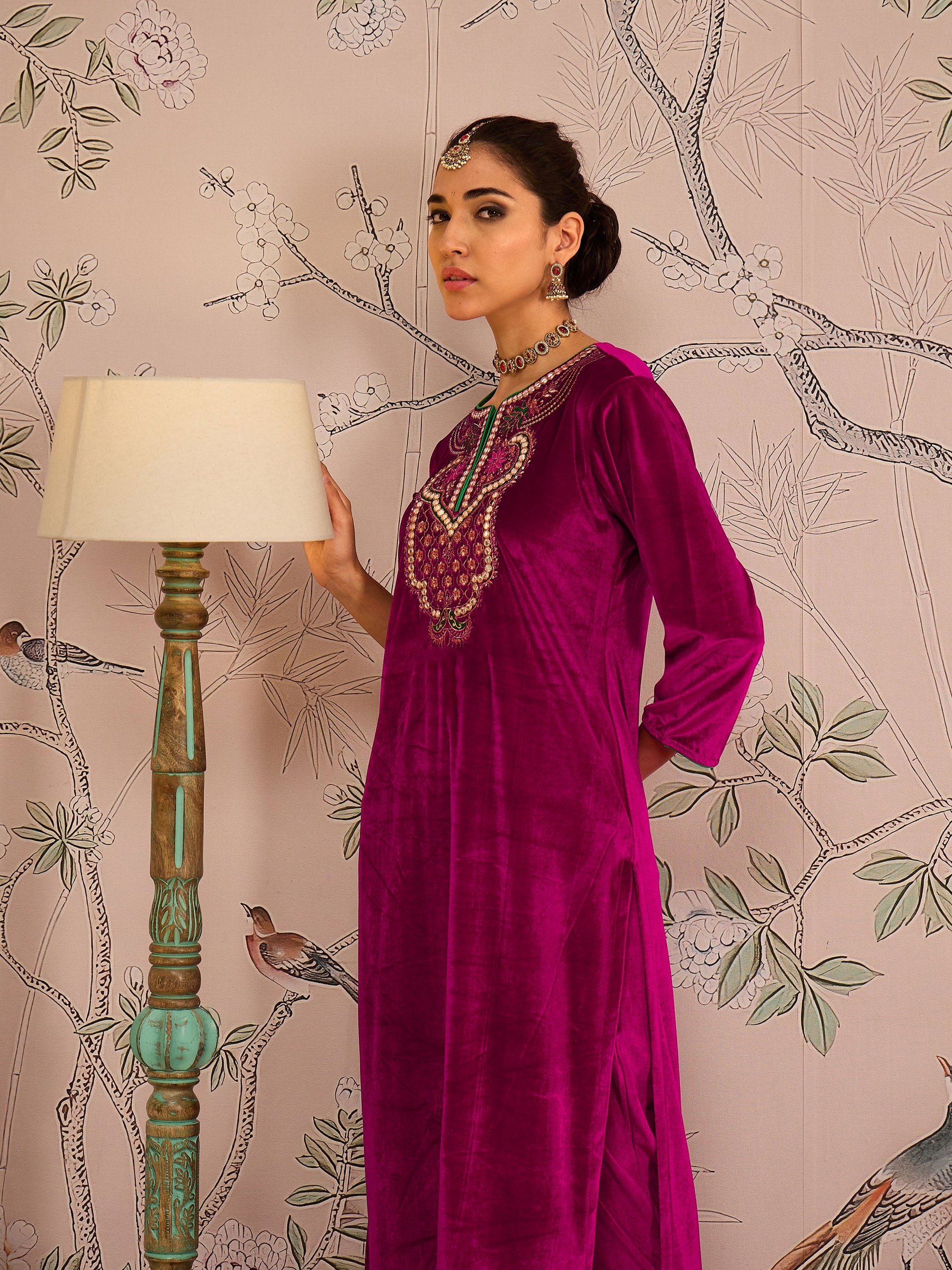 Fuchsia Velvet Front Embroidered Straight Kurta -Shae by SASSAFRAS