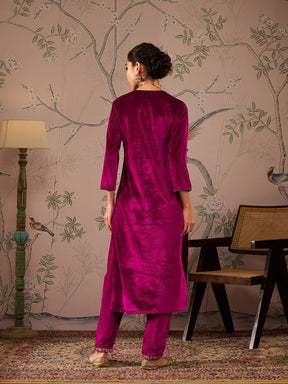 Fuchsia Velvet Front Embroidered Straight Kurta -Shae by SASSAFRAS