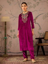 Fuchsia Velvet Embroidered Straight Kurta With Straight Pants -Shae by SASSAFRAS