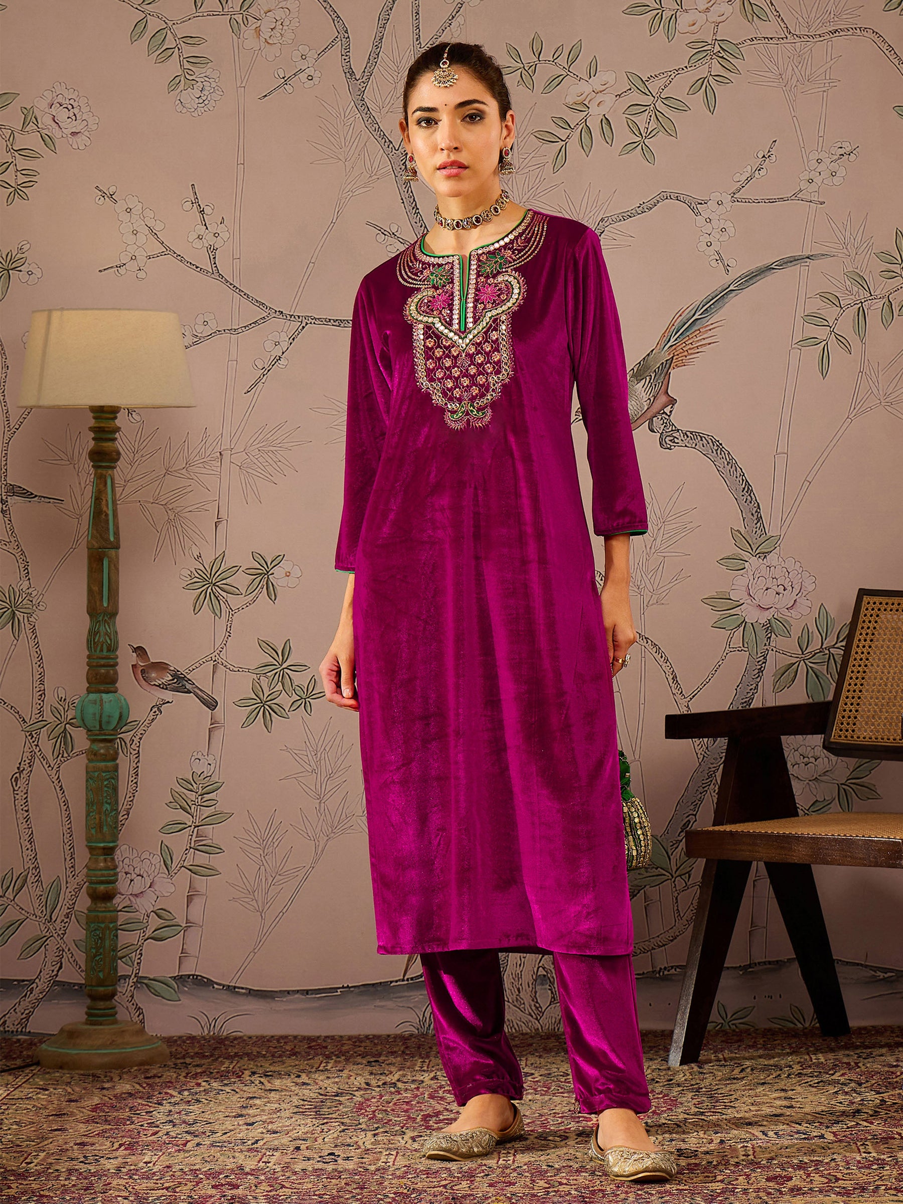 Fuchsia Velvet Embroidered Straight Kurta With Straight Pants -Shae by SASSAFRAS