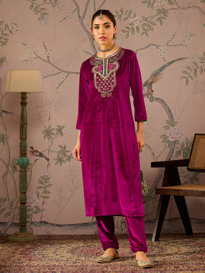 Fuchsia Velvet Embroidered Straight Kurta With Straight Pants -Shae by SASSAFRAS