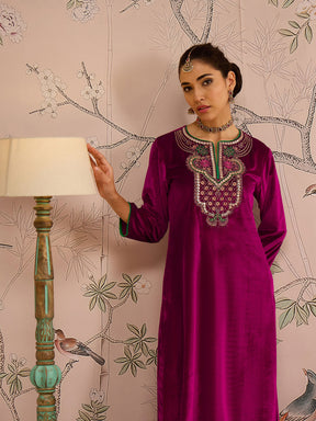 Fuchsia Velvet Embroidered Straight Kurta With Straight Pants -Shae by SASSAFRAS