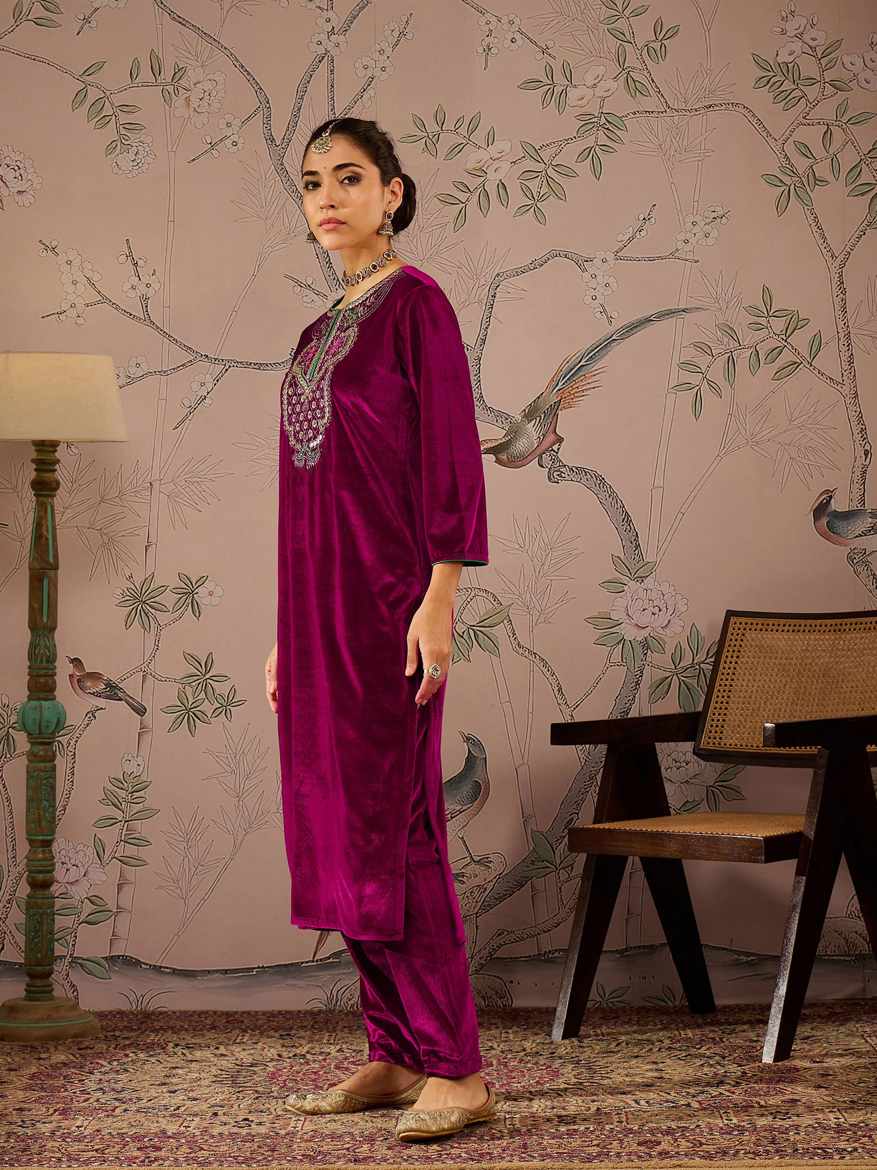 Fuchsia Velvet Embroidered Straight Kurta With Straight Pants -Shae by SASSAFRAS