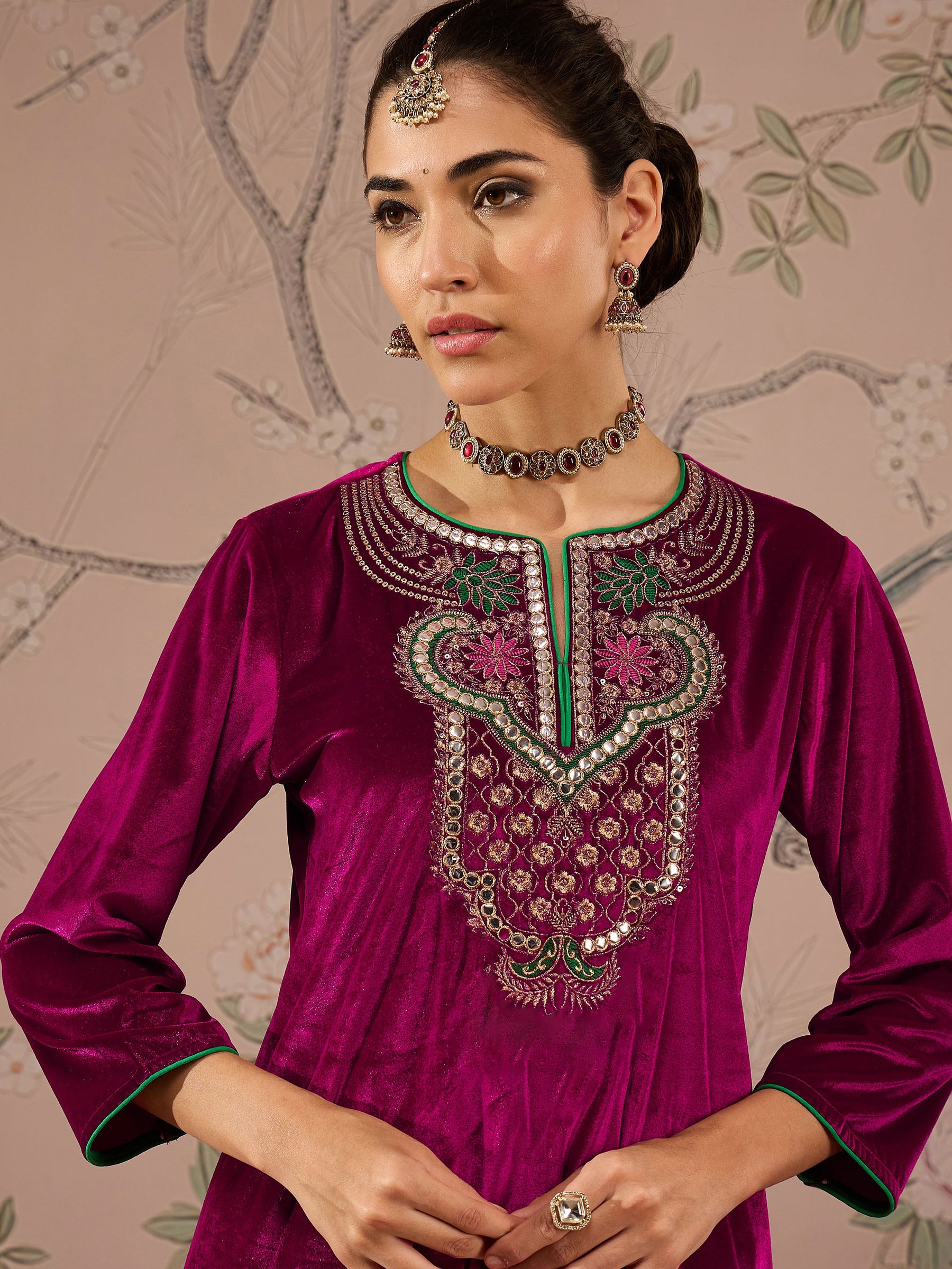 Fuchsia Velvet Embroidered Straight Kurta With Straight Pants -Shae by SASSAFRAS