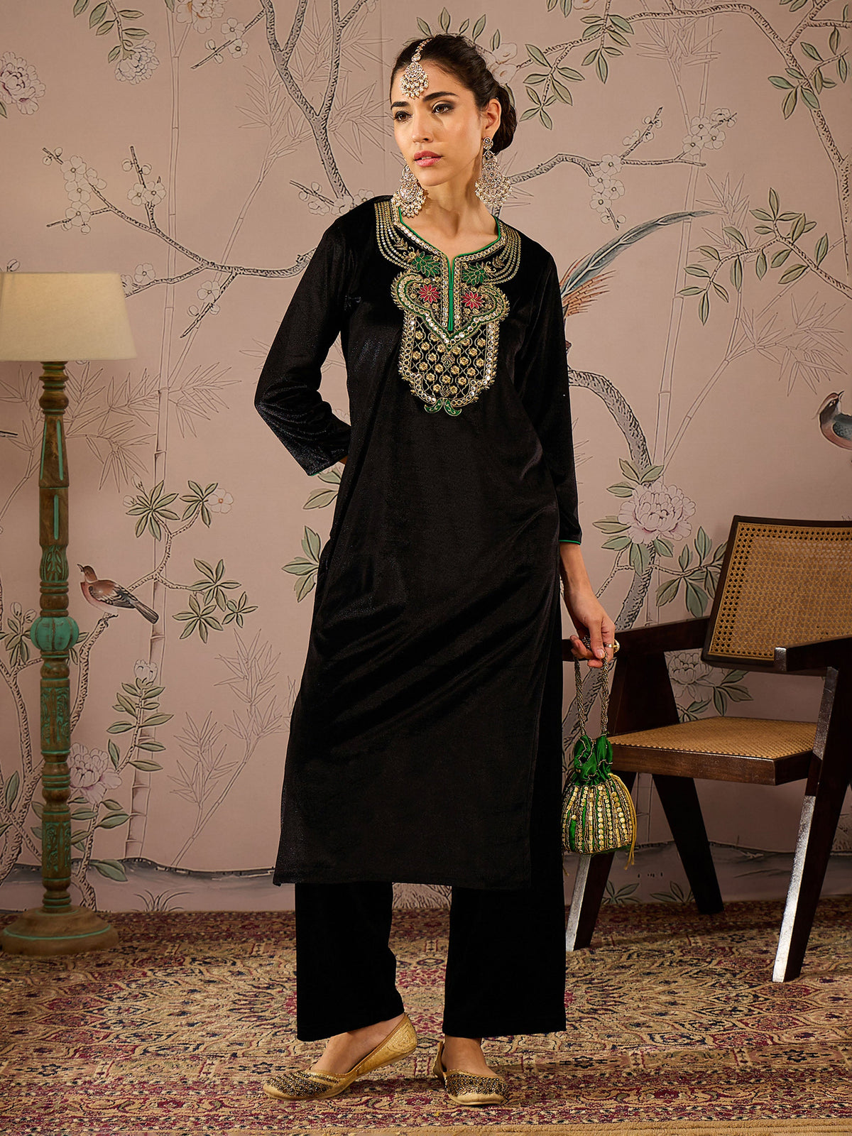 Black Velvet Front Embroidered Straight Kurta -Shae by SASSAFRAS